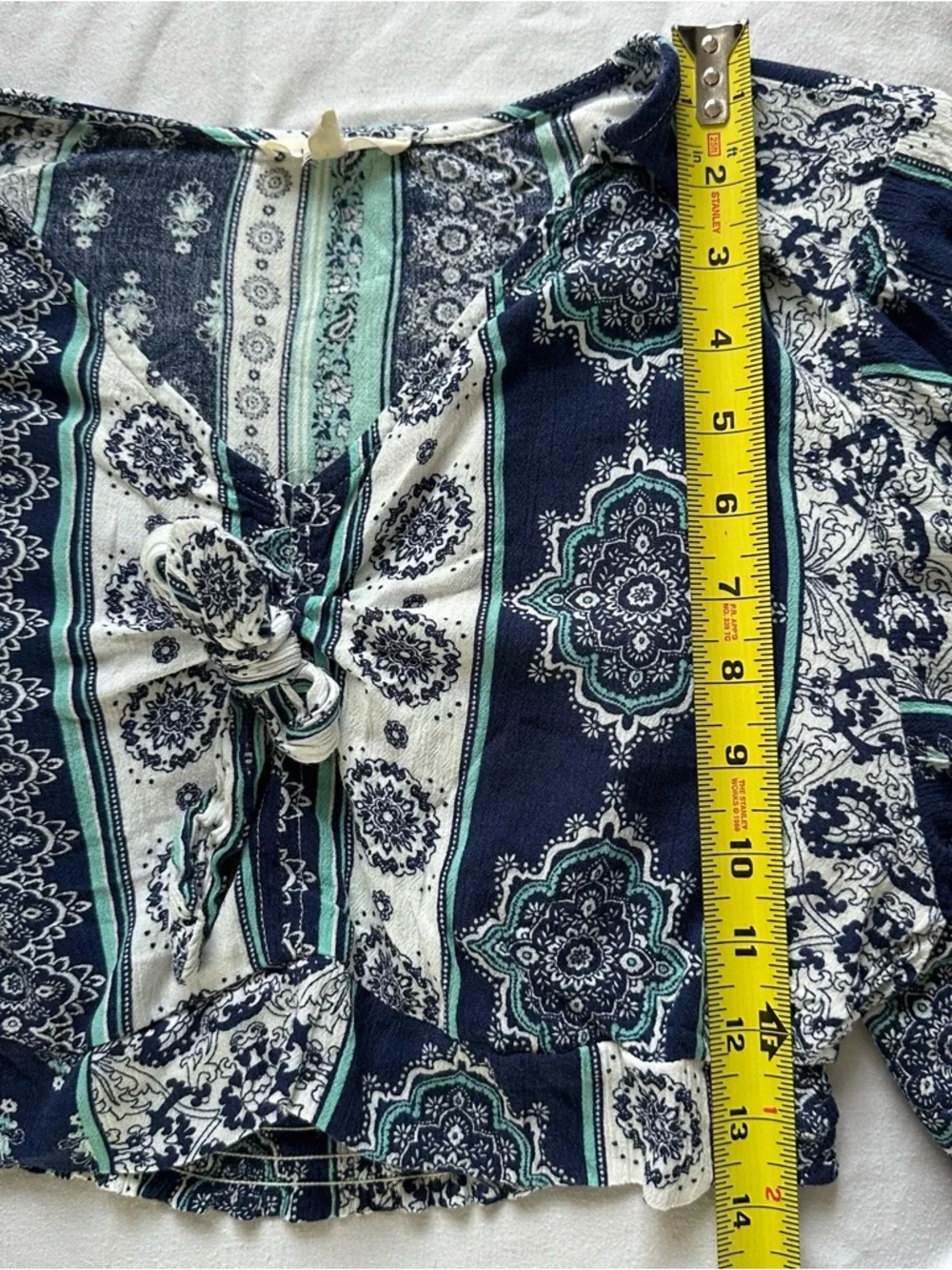 Le Lis Boho Tie Front Crop Top Medium Navy Teal Bell Sleeve - Picture 14 of 14